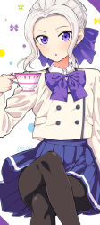 1girl blue_skirt blush bow bowtie breasts cleaned collared_shirt cover cover_page crossed_legs cup dot_nose female_focus flat_chest grey_hair hair_bow hair_bun hand_on_floor highres hiroyuki kanojo_mo_kanojo kiryuu_shino long_hair long_image long_sleeves looking_at_viewer manga_cover miniskirt official_art open_mouth pleated_skirt purple_bow purple_bowtie purple_eyes school_uniform shirt shirt_tucked_in single_hair_bun sitting skirt small_breasts solo solo_focus teacup white_shirt