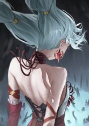 1girl back bad_id bad_pixiv_id bare_shoulders breasts commentary detached_sleeves dress duplicate earrings eyelashes film_grain floating_hair from_behind grey_hair jewelry long_hair median_furrow phrolova_(wuthering_waves) red_dress red_sleeves shoulder_blades single_detached_sleeve small_breasts solo stormzzy upper_body wuthering_waves