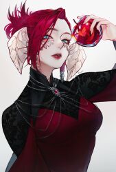 Rule 34 | 1girl, absurdres, apple, au ra, blue eyes, braid, chain, dragon horns, eyeshadow, final fantasy, final fantasy xiv, food, fruit, half up braid, hand up, highres, holding, holding food, holding fruit, horns, lace, lips, liz gray, looking at viewer, makeup, nail polish, parted lips, red eyeshadow, red hair, red lips, red nails, scales, short hair, simple background, solo, upper body, warrior of light (ff14), white background