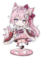 alternate_costume alternate_hairstyle animal_ears antenna_hair blush bottle bow chibi coyote crossed_bangs drink drunk full_body hair_bow hair_ornament hakui_koyori highres holding holding_bottle holding_drink hololive japanese_clothes kokoro_(hakui_koyori) long_hair momoko_(momopoco) pink_hair purple_eyes sake_bottle sandals side_ponytail simple_background squeans tail tokkuri virtual_youtuber white_background wolf_ears wolf_tail
