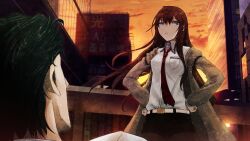 1girl akihabara_(tokyo) annoyed arm_strap belt belt_buckle black_hair black_shorts breast_pocket breasts brown_hair brown_jacket buckle city closed_mouth coat collared_shirt eyelashes facial_hair floating_hair from_behind from_below frown game_cg hair_between_eyes hands_on_own_hips highres huke jacket jacket_partially_removed lab_coat long_hair long_sleeves looking_at_another makise_kurisu messy_hair nape narrowed_eyes necktie non-web_source okabe_rintarou outdoors pantyhose pantyhose_under_shorts pocket purple_eyes purple_trim red_necktie ringed_eyes shiny_lips shirt short_hair shorts sideburns small_breasts steins;gate stubble sunset urban white_belt white_coat