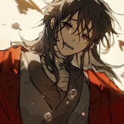 Rule 34 | 1boy, bandaged chest, bandaged neck, bandages, black hair, black hanfu, chinese clothes, chinese commentary, coat, crying, crying with eyes open, dao gui yi xian, from below, hair between eyes, half-closed eyes, hanfu, highres, li huowang, long hair, looking down, male focus, messy hair, parted lips, red coat, red eyes, sad, simple background, solo, tears, teeth, upper body, white background, yuexuaier