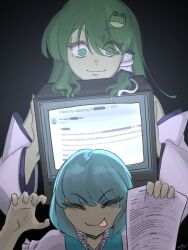 Rule 34 | &gt;:p, 2girls, arms up, blue hair, blue trim, blue vest, claw pose, closed eyes, closed mouth, commentary, crossed out, detached sleeves, english commentary, frog hair ornament, gmail, green eyes, green hair, hair ornament, hair tubes, highres, holding, holding monitor, holding paper, job application form (meme), kochiya sanae, long hair, long sleeves, looking at viewer, meme, monitor, multiple girls, paper, papers, puffy short sleeves, puffy sleeves, ramnik5, screen light, shirt, short hair, short sleeves, smile, snake hair ornament, swept bangs, tatara kogasa, tongue, tongue out, touhou, upper body, v-shaped eyebrows, vest, white shirt, white sleeves, wide sleeves