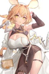 1girl absurdres animal_ears arknights arm_up asaikeu bare_shoulders breasts cleavage clipboard commentary cowboy_shot crossed_bangs dorothy_(arknights) hair_between_eyes hair_intakes hat highres holding holding_clipboard large_breasts medium_hair simple_background solo standing white_background white_hat yellow_eyes