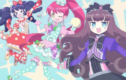 3girls :d arm_up steamed_bun black_hair blue_dress blue_eyes blue_thighhighs blush bow brown_hair commentary_request dress fang food gaaruru_(pripara) gloves hair_bow hands_up headphones holding holding_food idol_clothes index_finger_raised juliet_sleeves jumping ku_(residual666) kurosu_aroma long_hair long_sleeves looking_at_viewer multiple_girls one_eye_closed open_mouth outstretched_arm polka_dot polka_dot_dress ponytail pretty_series pripara puffy_short_sleeves puffy_sleeves purple_shirt red_gloves red_hair red_skirt shiratama_mikan shirt short_sleeves sidelocks skirt smile sparkle thighhighs twintails very_long_hair yellow_eyes