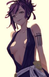1girl :p armband backlighting bare_shoulders breasts center_opening highres jigokuraku looking_at_viewer medium_breasts needle purple_hair red_eyes smile solo throwing_needles tongue tongue_out topknot upper_body yamada_(gotyui) yuzuriha_(jigokuraku)
