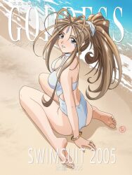 1girl 2000s_(style) 2005 aa_megami-sama absurdres back_cutout barefoot beach belldandy blonde_hair bracelet breasts clothing_cutout commentary english_commentary facial_hair facial_mark forehead_mark fritz_willie from_behind full_body high_ponytail highres jewelry long_hair ocean one-piece_swimsuit ponytail ring sitting soles solo swimsuit toes wariza white_one-piece_swimsuit