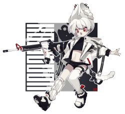1boy animal_ear_fluff animal_ear_piercing animal_ears assault_rifle black_shoes black_shorts black_sweater cat_boy cat_ears cat_tail commentary_request cropped_sweater dated_commentary double-parted_bangs earrings extra_ears fang full_body gun highres holding holding_gun holding_weapon jacket jewelry leg_warmers legwear_garter long_sleeves m16 m16a4 male_focus navel open_clothes open_jacket open_mouth original ozureiji pure_white_memories_(idolmaster) red_eyes rifle shoes short_hair short_shorts shorts single_leg_warmer single_thighhigh skin_fang solo spike_piercing sweater tail thighhighs tsurime turtleneck turtleneck_sweater weapon white_hair white_jacket white_leg_warmers white_thighhighs