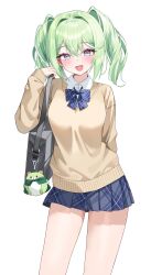1girl absurdres aqua_eyes arm_behind_back bag black_bag blue_skirt bow breasts contrapposto cowboy_shot green_hair highres holding_strap long_sleeves looking_at_viewer medium_breasts medium_hair miniskirt multicolored_eyes multicolored_hair muru_(muru_zi) pleated_skirt purple_eyes school_uniform shoulder_bag simple_background skirt smile solo stellive streaked_hair thick_eyelashes twintails two-tone_eyes white_background white_streaks yuzuha_riko
