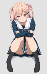 1girl absurdres bang_dream! black_socks blue_shirt blue_skirt brown_hair closed_mouth commentary crossed_arms full_body hair_ornament hairclip highres hiromachi_nanami long_hair looking_at_viewer no_shoes noshimurin pink_eyes pleated_skirt school_uniform shirt sitting skirt socks solo tsukinomori_school_uniform two_side_up