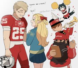 2girls 3boys absurdres alternate_universe american_football american_football_helmet american_football_uniform animal_ears beard cat_ears cat_girl cat_tail cheering cheerleader chilchuck_tims coach dungeon_meshi dwarf elf english_text facial_hair helmet highres holding holding_pom_poms instrument izutsumi laios_touden marcille_donato multiple_boys multiple_girls pencilman_draws pointy_ears pom_pom_(cheerleading) pom_poms senshi_(dungeon_meshi) sportswear tail trumpet