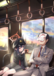 Rule 34 | 1boy, 1girl, absurdres, arm support, belt, black belt, black choker, black hair, black hat, black horns, black shirt, black skirt, blue archive, camera, chiaki (blue archive), choker, cityscape, closed mouth, collared shirt, commentary, convenient arm, crossed arms, curved horns, demon girl, demon horns, doodle sensei (blue archive), drooling, feet out of frame, grey jacket, grey pants, hair between eyes, hair spread out, halo, hand up, hat, highres, holding, holding camera, horns, indoors, jacket, kokage yugure, long hair, long sleeves, looking at another, mouth drool, necktie, open clothes, open jacket, open mouth, pants, paper on head, peaked cap, puffy long sleeves, puffy sleeves, red eyes, red halo, red necktie, school uniform, sensei (blue archive), shadow, shirt, short hair, side-by-side, sidelocks, sitting, skirt, sleeping, slit pupils, smile, smug, straight hair, sunlight, sunset, teeth, train interior, upper teeth only, very long hair, white shirt, window shadow, zzz