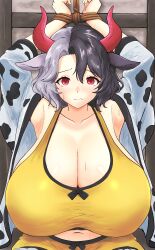1girl absurdres animal_ears animal_print blush breasts cleavage closed_mouth collarbone commentary_request cow_ears cow_girl cow_horns cow_print gigantic_breasts grey_hair hand_up haori highres hinben horns huge_breasts indoors japanese_clothes looking_at_viewer multicolored_hair navel red_eyes red_horns restrained short_hair smile solo split-color_hair sweat sweatdrop tank_top touhou upper_body ushizaki_urumi variant_set yellow_tank_top