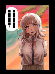 Rule 34 | 1girl, beach, blush, breasts, brown hair, collared shirt, danganronpa (series), danganronpa 2: goodbye despair, flipped hair, highres, looking at viewer, medium hair, nanami chiaki, neck ribbon, no hair ornament, palm tree, pink eyes, pink ribbon, rari wo, ribbon, shirt, shirt tucked in, solo, speech bubble, sweat, tree, two-tone shirt, white shirt