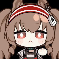1girl :&lt; angelina_(arknights) animal_ears animated animated_gif arknights black_choker blush bright_pupils brown_hair chinese_commentary choker coat commentary_request dot_nose earpiece fox_ears hair_between_eyes hairband infection_monitor_(arknights) jacket looking_at_another looking_at_viewer lowres material_growth middle_finger open_clothes open_coat open_jacket oripathy_lesion_(arknights) red_eyes red_hairband red_jacket skland_1530589596514 solo striped_clothes striped_hairband transparent_background twintails two-tone_hairband v-shaped_eyebrows white_coat white_pupils