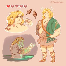 1boy absurdres alternate_muscle_size ass_peek bara bare_pectorals bathing beef_x_cake big_belly blonde_hair body_markings brown_background bruise butt_crack collage eating elf multiple_expressions frown glowing_markings glowing_tattoo hadanugi_dousa heart highres holding holding_skewer injury japanese_clothes kimono large_pectorals laughing link long_hair male_focus muscular muscular_arms muscular_male nintendo nipples open_clothes open_kimono outstretched_arm pectorals plump pointy_ears ponytail skewer smile the_legend_of_zelda the_legend_of_zelda:_tears_of_the_kingdom thick_eyebrows v-shaped_eyebrows