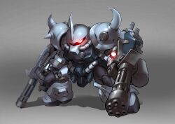 Rule 34 | absurdres, chibi, chinese commentary, commentary request, full body, gatling gun, glowing, glowing eye, gouf custom, grey background, gundam, gundam 08th ms team, highres, horns, legs apart, looking at viewer, making-of available, mecha, mecha focus, mobile suit, no humans, one-eyed, red eyes, robot, science fiction, sd gundam, shadow, shield, shoulder spikes, simple background, single horn, solo, spikes, standing, zakuma
