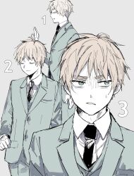 1boy axis_powers_hetalia black_necktie blonde_hair buttons closed_eyes closed_mouth collared_shirt commentary_request cowboy_shot fingernails formal_clothes green_eyes green_jacket green_pants green_suit grey_background gtyu_cb hand_up highres jacket lapels long_sleeves looking_afar multiple_views necktie numbered open_mouth pants shirt short_hair simple_background smile standing suit suit_jacket sweatdrop teeth united_kingdom_(hetalia) upper_body white_shirt