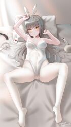 1girl absurdres animal_ears blanc_(nikke) blunt_bangs breasts detached_collar fake_animal_ears goddess_of_victory:_nikke grey_hair highleg highleg_leotard highres leotard long_hair lying medium_breasts on_back on_bed pantyhose pixiv_username playboy_bunny rabbit_ears solo spread_legs strapless strapless_leotard twitter_username white_leotard white_pantyhose yellow_eyes yomining