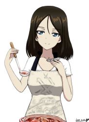 10s 1girl apron artist_name black_hair blue_eyes brown_apron bukkuri commentary cooking dated emblem female_focus food girls_und_panzer highres holding ladle long_hair looking_at_viewer military military_vehicle motor_vehicle nonna_(girls_und_panzer) pot pravda_(emblem) saucer shirt signature simple_background solo soup standing swept_bangs tank tank_print upper_body white_background white_shirt