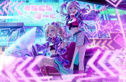 2girls :d above_cleavage_cutout anyoji_hime belt black_belt blast!!_(love_live!) blonde_hair blue_eyes blue_hair boots bow breasts clothing_cutout collarbone crop_top cropped_shirt game_cg gradient_hair group_name hair_bow hair_intakes hair_ornament heart heart_belt_buckle heart_hair_ornament highres index_finger_raised jacket layered_skirt link!_like!_love_live! long_hair long_sleeves love_live! medium_breasts midriff miniskirt mira-cra_park! multicolored_hair multiple_girls neon_lights non-web_source official_alternate_costume official_art open_clothes open_jacket open_mouth osawa_rurino outdoors outstretched_arm parted_bangs pink_hair pink_shirt pink_socks pleated_skirt pointing puffy_long_sleeves puffy_sleeves purple_bow purple_jacket shirt short_shorts shorts sitting skirt sleeveless sleeveless_shirt smile socks standing teeth turtleneck turtleneck_shirt twintails upper_teeth_only virtual_youtuber white_boots white_shorts white_skirt