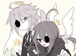 Rule 34 | 1boy, 1girl, ahoge, alela grora (funamusea), black jacket, black necktie, blush, closed mouth, collared shirt, colored skin, dot nose, expressionless, eyepatch, flower, funamusea, grey eyes, grey hair, grey jacket, haiiro teien, hair ornament, hair over eyes, hairclip, halo, hand up, happy, holding, holding flower, jacket, kakketsu, looking at another, looking down, low ponytail, medium hair, necktie, nose, on shoulder, open mouth, pixel art, ponytail, shirt, short hair, sidelocks, simple background, spiked hair, v-shaped eyebrows, white skin, white wings, wings, wodahs (funamusea), yellow flower, yellow halo
