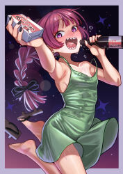 1girl @_@ absurdres alcohol_carton armpits black_bow black_nails blush bocchi_the_rock! border bottle bow braid breasts commentary covered_navel dress earrings english_commentary feet floating_hair foreshortening geta green_dress grey_border hair_bow hakai_no_ika highres hiroi_kikuri holding holding_bottle holding_carton jewelry long_hair looking_at_viewer nail_polish open_mouth outside_border outstretched_arm purple_eyes purple_hair sake_bottle sharp_teeth shoe_loss single_braid sleeveless sleeveless_dress small_breasts smile solo stud_earrings teeth toenail_polish toenails toes very_long_fingernails wet wet_clothes