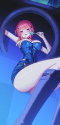 Rule 34 | 1girl, absurdres, blue shirt, blue skirt, breasts, candy, chain, cleavage, food, heart, highres, holding, holding candy, holding food, holding lollipop, hololive, hololive english, large breasts, lollipop, miniskirt, official alternate costume, orange hair, purple eyes, saliva, saliva trail, shirt, skirt, strapless, takanashi kiara, thighs, tube top, virtual youtuber, yubbiidraw