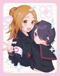 2girls armband arms_around_neck bandaid bandaid_on_cheek bandaid_on_face black_hair black_shirt bleach border colored_tips commentary cropped_torso grid_background hair_bun hair_over_one_eye heart highres hug inoue_orihime kuchiki_rukia lightning_bolt_symbol long_sleeves multicolored_hair multiple_girls neckerchief official_alternate_costume open_mouth orange_hair parted_bangs pink_border purple_eyes red_neckerchief rinner373 sailor_collar school_uniform serafuku shirt short_hair sidelocks single_hair_bun smile sparkle teeth twitter_username two-tone_hair upper_body upper_teeth_only v yellow_eyes