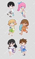 Rule 34 | 2girls, 4boys, alternate costume, alternate hairstyle, antenna hair, aubrey (faraway) (omori), aubrey (omori), bag, basil (faraway) (omori), basil (omori), bikini, black eyes, black hair, blonde hair, blue eyes, blue ribbon, blush, bright pupils, brown eyes, brown hair, camera, chibi, chibi only, closed mouth, collarbone, dark-skinned male, dark skin, flip-flops, flower, green hoodie, grey eyes, hair flower, hair ornament, hair ribbon, hand on own knee, hero (faraway) (omori), hero (omori), heterochromia, highres, holding, holding bag, holding camera, holding swim ring, hood, hoodie, innertube, kel (faraway) (omori), kel (omori), long hair, looking at viewer, male swimwear, mari (faraway) (omori), mari (omori), multiple boys, multiple girls, navel, omori, one eye closed, open clothes, open hoodie, open mouth, parted lips, pink bikini, pink hair, plastic bag, rami 1300, ribbon, sample watermark, sandals, short hair, smile, spoilers, sunny (omori), swim ring, swim trunks, swimsuit, teeth, upper teeth only, watermark, white bikini, white hoodie, white pupils