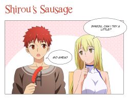 1boy aiz_wallenstein arm_up backless_outfit blonde_hair breasts closed_mouth crossover dress dungeon_ni_deai_wo_motomeru_no_wa_machigatteiru_darou_ka emiya_shirou english_text fate/stay_night fate_(series) food highres igote linked_sausages long_hair meat multiple_crossover open_mouth orange_hair rayish red_hair sausage sideboob simple_background trait_connection white_dress yellow_eyes