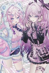 2girls animal_ears bare_shoulders bear_ears black_ribbon black_shirt black_shorts black_skirt blue_eyes blush braid breasts citlali_(genshin_impact) facial_mark forehead_mark genshin_impact hair_ornament hair_ribbon jacket long_hair long_sleeves looking_at_viewer multicolored_hair multiple_girls open_mouth pink_hair pink_jacket pink_pupils pink_skirt pink_sweater ribbon shirt shorts skirt sweater touyu_1210 triangle triangle_facial_mark twintails x_hair_ornament