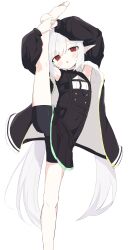 1girl absurdres armpits barefoot character_request check_character check_copyright copyright_request flexible highres jacket long_hair open_clothes open_jacket pleated_skirt pointy_ears red_eyes short_shorts shorts simple_background skirt solo stretching user_yths2234 white_hair