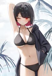 Rule 34 | 1girl, absurdres, alternate costume, bikini, black bikini, black hair, black jacket, breasts, commentary request, cowboy shot, ellen joe, highres, jacket, large breasts, navel, one eye closed, outdoors, red eyes, red hair, short hair, solo, stomach, swimsuit, thighs, thomas 8000, zenless zone zero