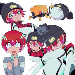 1girl amate_yuzuriha aqua_eyes beanie black_hat blush bodysuit breasts closed_eyes closed_mouth commentary_request conch_(gundam) gundam gundam_gquuuuuux hair_between_eyes haro hat long_sleeves looking_at_viewer mecha_pilot_suit multicolored_bodysuit normal_suit_(gundam) open_mouth red_hair short_hair simple_background surprised tnaym white_background
