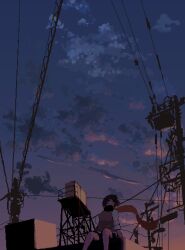 Rule 34 | 1girl, :o, atmospheric perspective, black eyes, black shoes, brown hair, building, cloud, cloudy sky, fireworks, from below, highres, hisachan55cute, mask, mouth mask, multicolored shirt, no humans, original, pixel art, power lines, red scarf, scarf, scenery, shirt, shoes, short hair, silhouette, sitting on building, sky, sky focus, sleeves rolled up, solo, sunset, upper body, utility pole, water tower, white shirt
