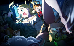 1girl ahoge animal bird blonde_hair blue_eyes doll genderswap genderswap_(mtf) greek_mythology highres holding holding_doll holding_phone laurels lightning_ahoge long_hair nasan_(coldtime) off-shoulder_shirt off_shoulder original panties phone screen_light shirt solo underwear white_shirt zeus_(mythology)