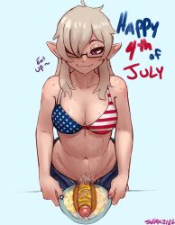 1girl american_flag american_flag_bikini american_flag_print bare_arms bikini blurry blurry_background breasts brown_hair closed_mouth erection female_pubic_hair flag_print flag_print_bikini fourth_of_july futanari glasses highres hot_dog long_hair looking_at_viewer medium_breasts mustard navel original penis pointy_ears precum print_bikini pubic_hair purple_eyes semi-rimless_eyewear seraziel smile solo swimsuit uncensored under-rim_eyewear