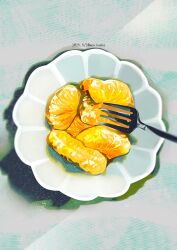 bowl commentary_request dated food food_focus fork from_above fruit grapefruit grapefruit_slice grey_background no_humans no_lineart original partial_commentary shadow shunkashuntou still_life twitter_username
