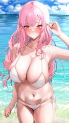 1girl 404_(pixiv_94263879) bikini blush breasts highres hololive hololive_english large_breasts long_hair mori_calliope nail_polish navel ocean outdoors pink_eyes pink_hair red_nails side-tie_bikini_bottom solo swimsuit virtual_youtuber white_bikini
