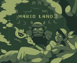1boy 1girl bandana bare_shoulders bed big_nose breasts buttons captain_syrup clam_shell cleavage clenched_hands closed_mouth collarbone copyright_name faceoff facial_hair fake_horns fat fat_man genie genie_(wario_land) gloves half-closed_eyes hand_up hands_up head_rest helmet holding horned_headwear horned_helmet horns knee_up large_breasts lips long_hair long_sleeves looking_at_another looking_down looking_to_the_side lying mario_(series) monochrome mustache nintendo oil_lamp on_bed on_side open_mouth overalls pants pirate pointy_ears pointy_footwear raised_eyebrow rinabe_(@rfufvas3phbxkxa) shirt smirk smoke solid_eyes standing strapless teeth upper_teeth_only v-shaped_eyebrows wario wario_land wristband