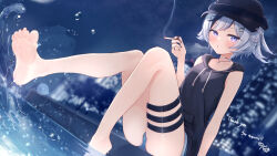 1girl barefoot blonde_hair blue_eyes blush cigarette commission feet grey_hair highres knees_together_feet_apart legs sese_nagi skeb_commission smoking soaking_feet soles thighs toes vrchat vrchat_(medium) water wet