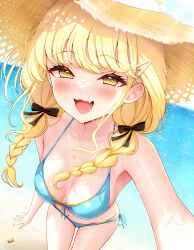 1girl absurdres aqua_bikini beach bikini black_bow blonde_hair blush bow braid breasts crab fang front-tie_bikini_top front-tie_top fujita_kotone gakuen_idolmaster hair_bow hat heart heart_in_eye highres idolmaster long_hair looking_at_viewer medium_breasts outdoors side-tie_bikini_bottom skin_fang smile solo straw_hat string_bikini sweat swimsuit symbol_in_eye twin_braids yellow_eyes yu_lei