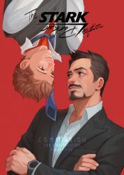 2boys anonoite artist_name black_jacket blue_necktie bodysuit brown_eyes brown_hair buttons closed_mouth collared_shirt commentary commission crossed_arms english_commentary english_text facial_hair formal_clothes grey_vest highres jacket lapels long_sleeves looking_at_another male_focus marvel marvel_cinematic_universe multiple_boys necktie peter_parker red_background red_bodysuit shirt short_hair simple_background smile spider-man spider_web_print suit_jacket superhero_costume tony_stark upper_body upside-down vest watch watermark white_shirt wristwatch