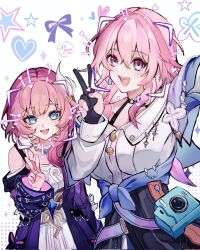 Rule 34 | 2girls, artist name, black gloves, blue eyes, blue skirt, breasts, camera, coat, corrupted twitter file, cyrene (honkai: star rail), drawn ears, drawn whiskers, dress, face filter, gloves, hair ornament, heart, highres, honkai: star rail, honkai (series), jewelry, lyxia, march 7th (honkai: star rail), march 7th (preservation) (honkai: star rail), medium breasts, medium hair, multicolored eyes, multiple girls, necklace, partially fingerless gloves, pink hair, pointy ears, purple coat, shirt, skirt, small breasts, smile, star (symbol), two-tone eyes, v, white dress, white shirt