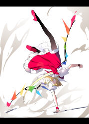 1girl absurdres ascot black_pantyhose blonde_hair bow collared_shirt commentary_request dodging dutch_angle dynamic_pose flandre_scarlet frilled_skirt frills handstand hat hat_bow high_side_ponytail highres letterboxed multicolored_wings nubezon one_arm_handstand pantyhose partial_commentary puffy_short_sleeves puffy_sleeves red_bow red_shoes red_skirt shirt shoes short_sleeves side_ponytail skirt small_pupils smoke solo touhou white_hat wings wristband yellow_ascot