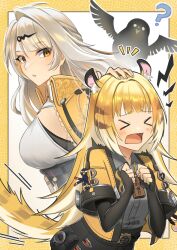 &gt;_&lt; 2girls ? animal_ear_fluff animal_ears bird black_bird black_gloves breasts elbow_gloves fingerless_gloves gloves hair_ornament headpat highres jacket ju_fufu kuro_tsubasa large_breasts long_hair multiple_girls open_mouth orange_fur single_hair_intake striped_fur tail tiger_ears tiger_girl tiger_stripes tiger_tail upper_body white_hair yellow_jacket yixuan_(zenless_zone_zero) zenless_zone_zero