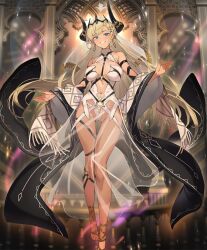 1girl arch artist_request asymmetrical_horns bare_shoulders barefoot_sandals_(jewelry) between_breasts black_crown black_horns black_sleeves blonde_hair blue_eyes blush braid breasts cleavage column commentary crown crown_braid curved_horns dark-skinned_female dark_skin dress earrings evertale genie genie_(evertale) gluteal_fold gold_trim hoop_earrings horn_ornament horn_ring horns jewelry large_breasts lens_flare light_particles long_hair long_legs looking_at_viewer mismatched_horns navel o-ring official_alternate_costume official_art panties parted_bangs pillar plunging_neckline revealing_clothes see-through_clothes see-through_dress smile solo tan turtleneck underwear veil very_long_hair white_panties white_sleeves wide_sleeves wrist_cuffs