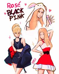 Rule 34 | 1girl, artist name (singer), black skirt, blackpink, blonde hair, commentary, dresarts, dress, english commentary, group name, hand on own hip, heart, highres, holding, holding microphone, jewelry, k-pop, long hair, looking to the side, making-of available, microphone, multiple views, necklace, ponytail, real life, rose (blackpink), santa costume, santa dress, simple background, skirt, smile, solo, white background
