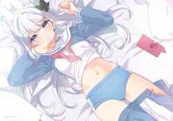 1girl arm_up bed_sheet blue_archive blue_buruma blue_serafuku blue_shirt blue_skirt blush breasts buruma cellphone clothes_lift clothes_pull commentary_request gluteal_fold grey_hair gym_uniform hand_up headgear headset koruri long_hair long_sleeves looking_at_viewer lying medium_breasts miyako_(blue_archive) navel on_back open_clothes open_skirt parted_lips phone pillow pleated_skirt puffy_long_sleeves puffy_sleeves purple_eyes sailor_collar school_uniform serafuku shirt shirt_lift skirt skirt_pull solo twitter_username very_long_hair watermark web_address white_sailor_collar white_shirt